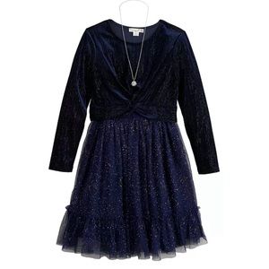 Girls Navy Blue Knit Works Twist-Front Popover Sequin Dress
